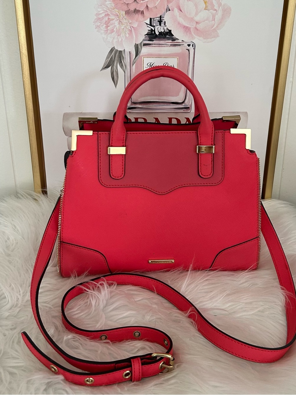 Rebecca Minkoff Red Structured Satchel Crossbody Bag Gold Hardware Top Handle - Picture 3 of 13